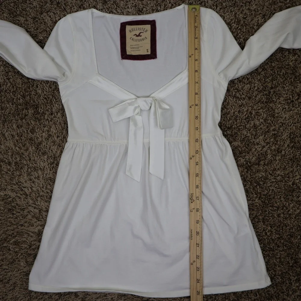 Hollister Babydoll Knit Top Small Coquette Satin Bow Empire Waist White Cotton - Picture 8 of 10